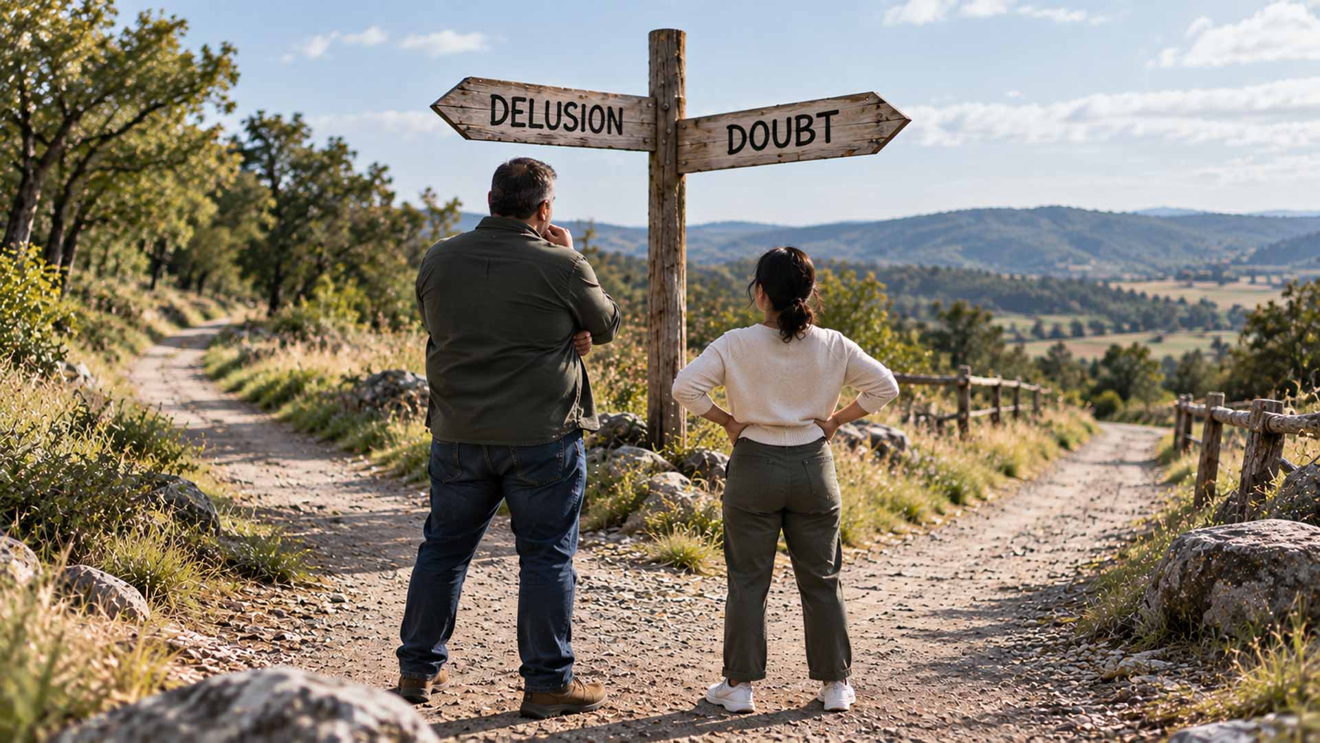Delusion and Doubt - two people standing at a fork in the road