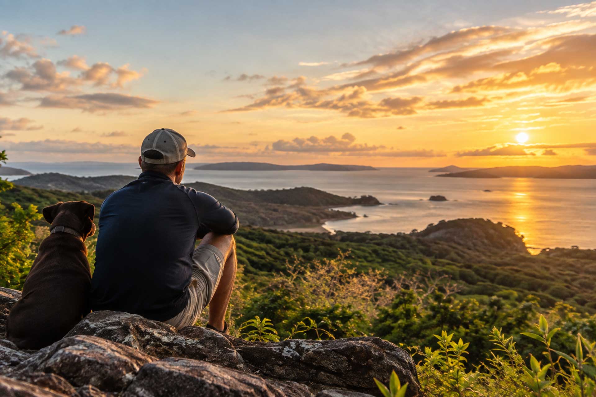 Guy with dog looking at sunset over bay