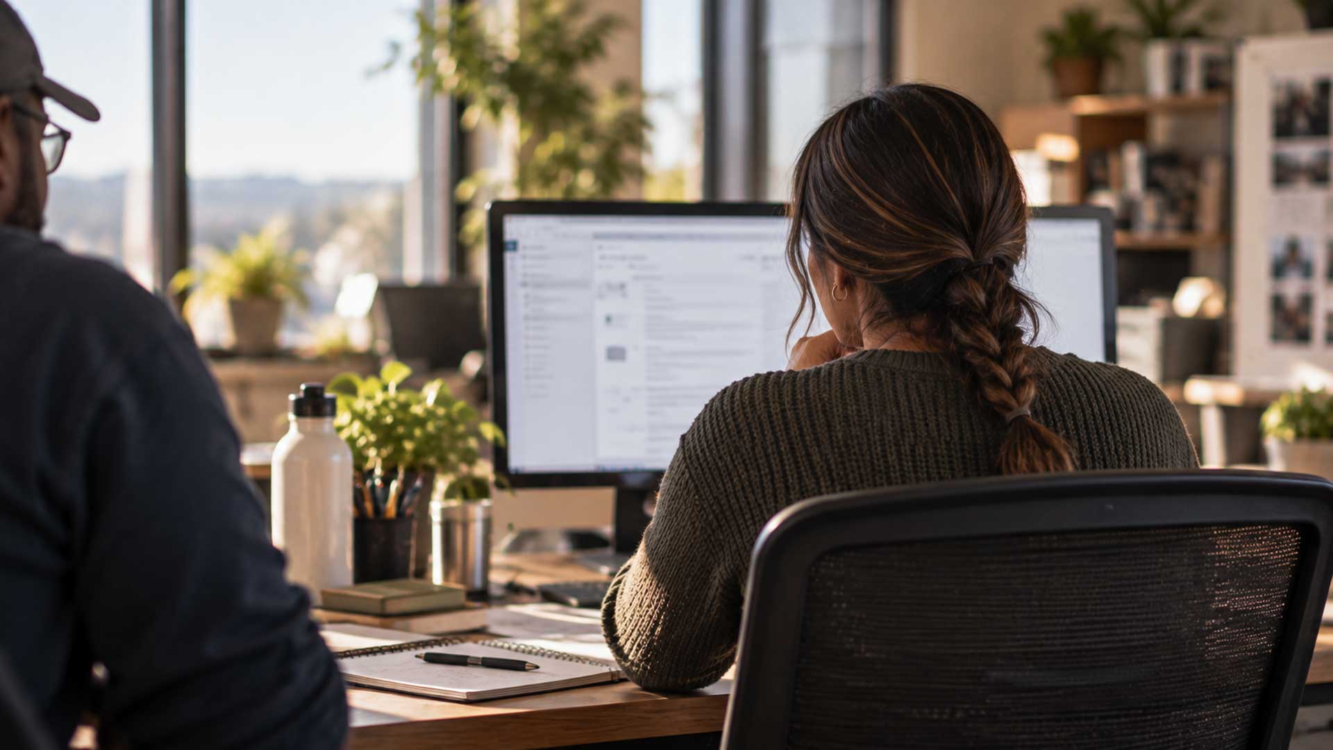 Woman looking at AI on computer